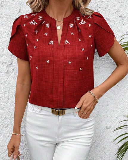 Floral Notched Short Sleeve Blouse.