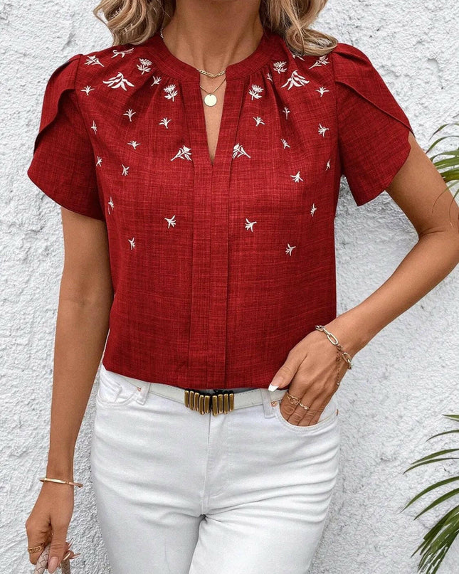 Floral Notched Short Sleeve Blouse.