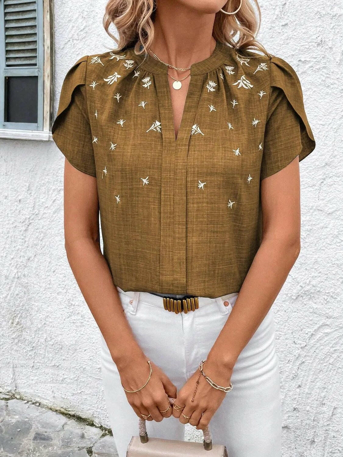 Floral Notched Short Sleeve Blouse - Everclothed™