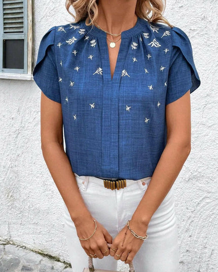 Floral Notched Short Sleeve Blouse.