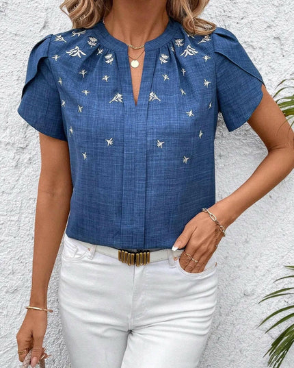 Floral Notched Short Sleeve Blouse.