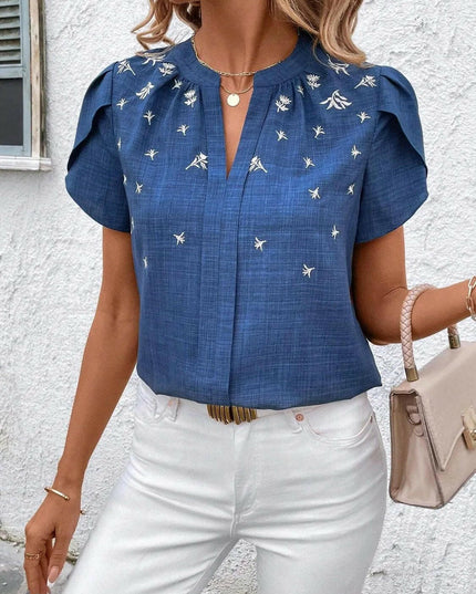 Floral Notched Short Sleeve Blouse.