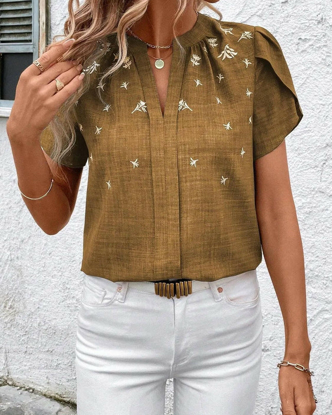 Floral Notched Short Sleeve Blouse - Everclothed™