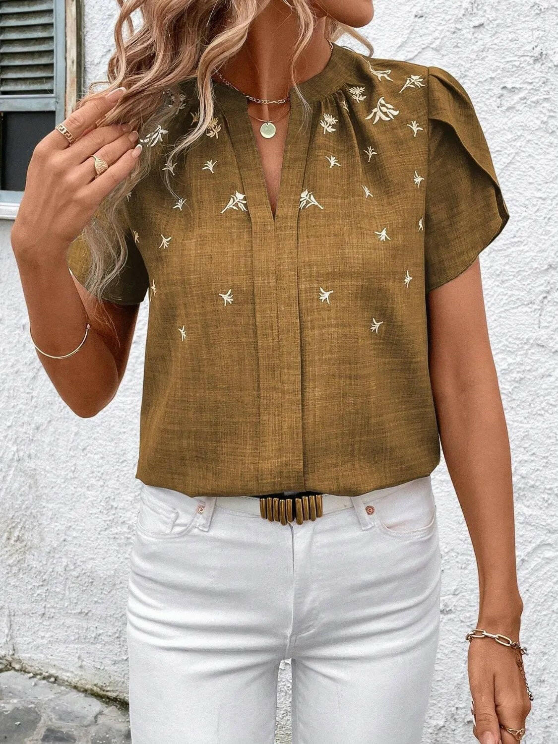 Floral Notched Short Sleeve Blouse - Everclothed™