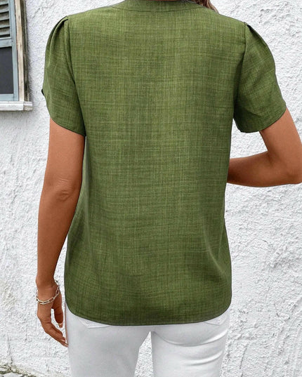 Floral Notched Short Sleeve Blouse.