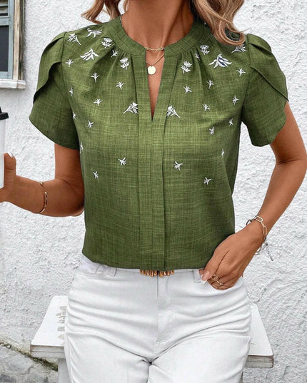 Floral Notched Short Sleeve Blouse.