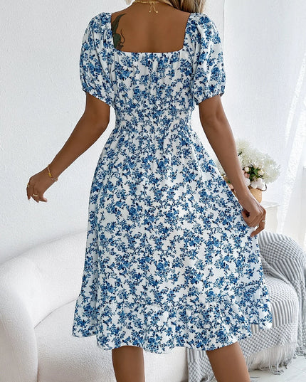 Floral Ruffle Summer Dress – Square Neck & Feminine Style.