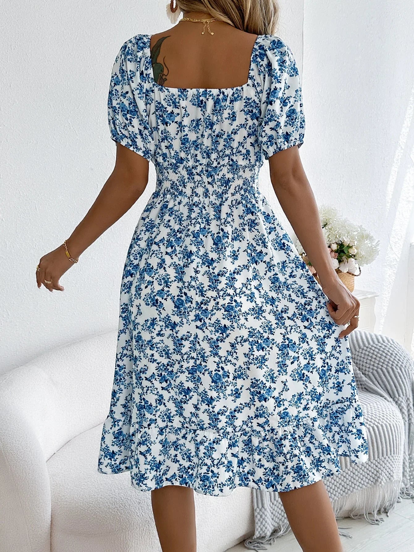 Floral Ruffle Summer Dress – Square Neck & Feminine Style.