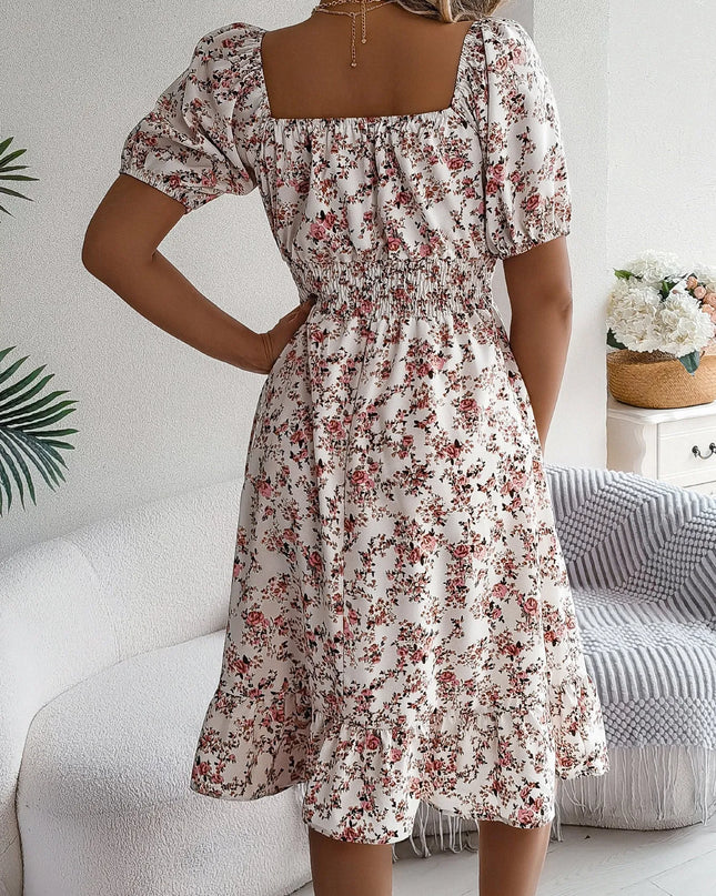 Floral Ruffle Summer Dress – Square Neck & Feminine Style.