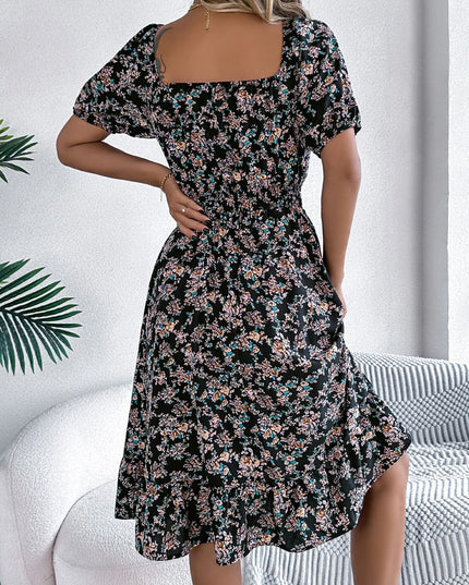 Floral Ruffle Summer Dress – Square Neck & Feminine Style.