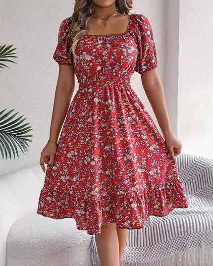 Floral Ruffle Summer Dress – Square Neck & Feminine Style.