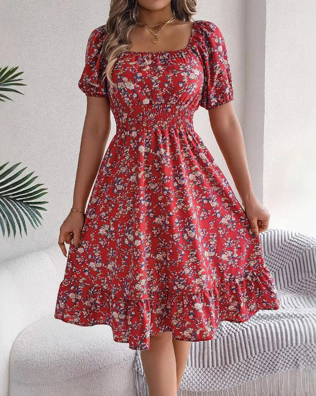 Floral Ruffle Summer Dress – Square Neck & Feminine Style.