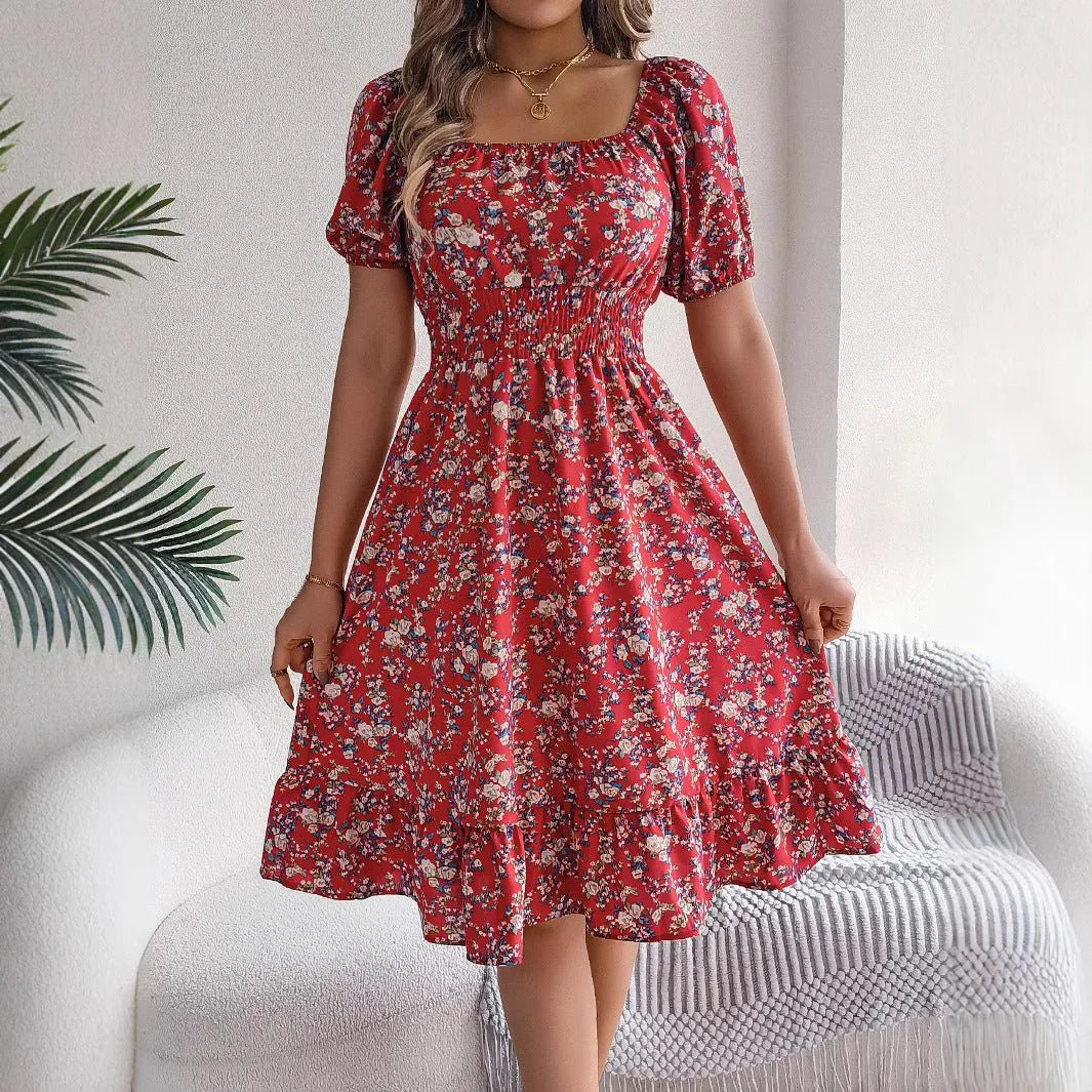 Floral Ruffle Summer Dress – Square Neck & Feminine Style.