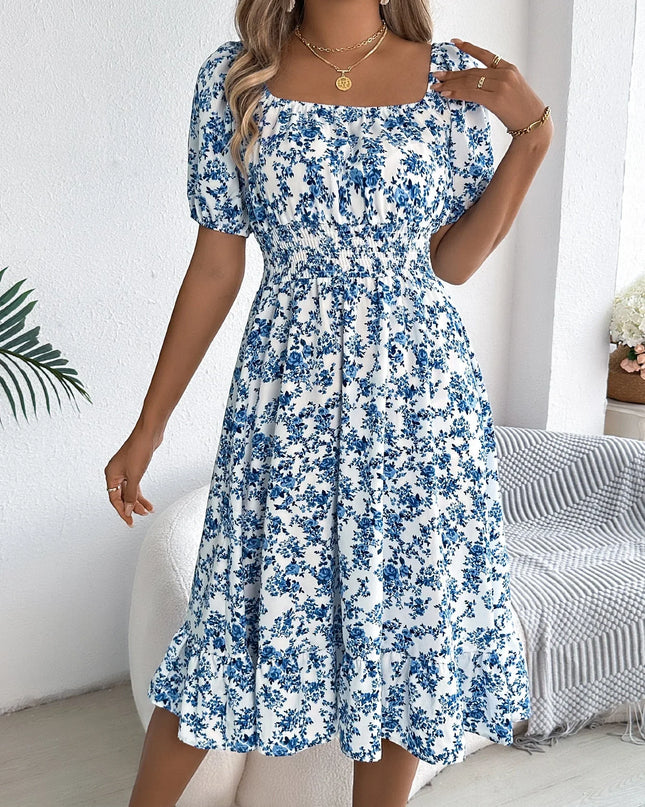 Floral Ruffle Summer Dress – Square Neck & Feminine Style.