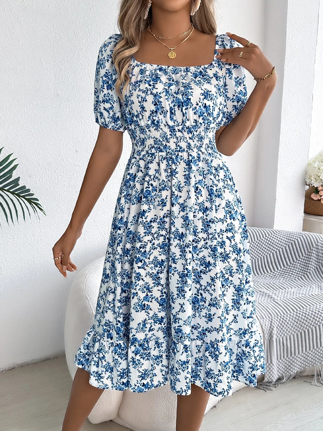 Floral Ruffle Summer Dress – Square Neck & Feminine Style.