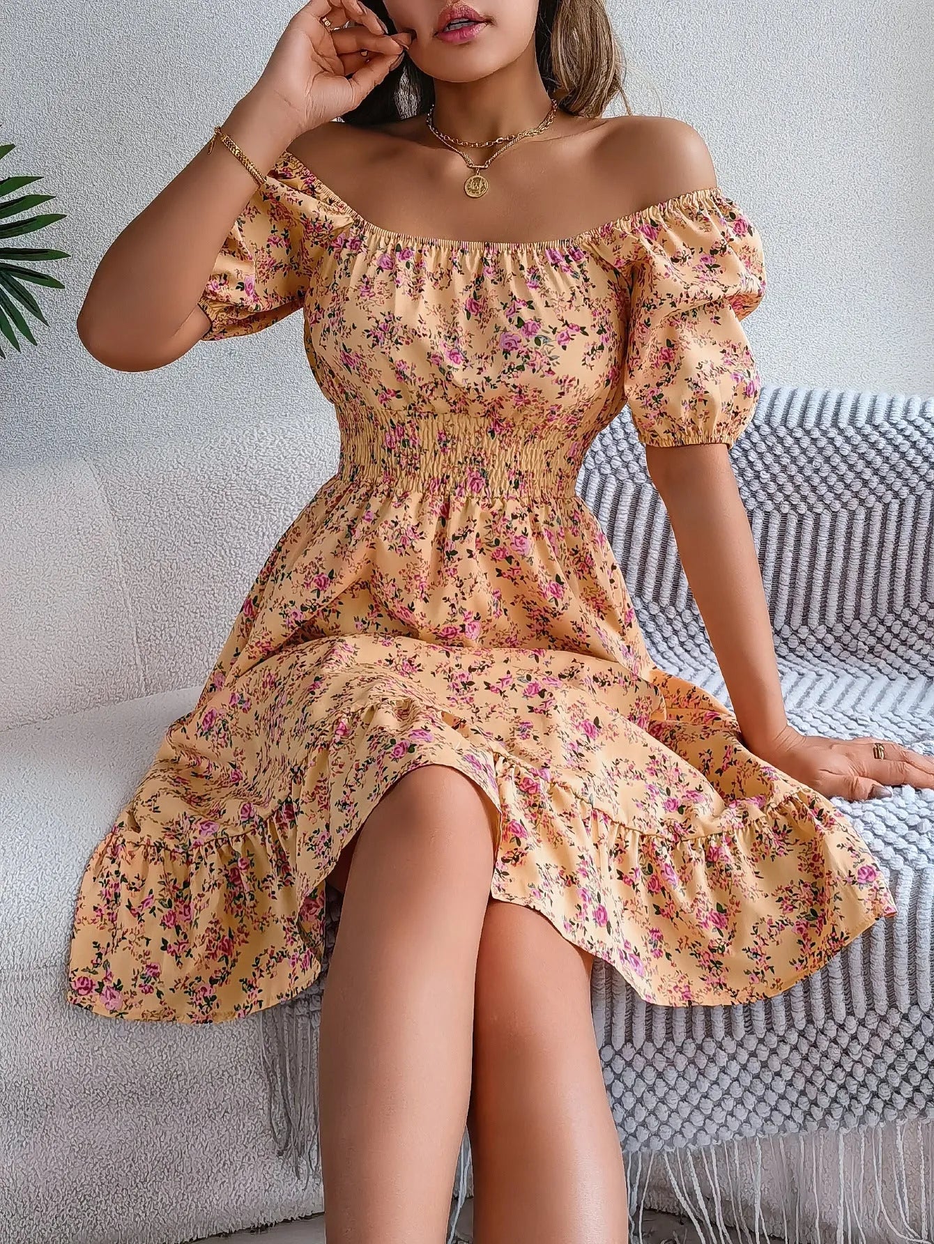 Floral Ruffle Summer Dress – Square Neck & Feminine Style.