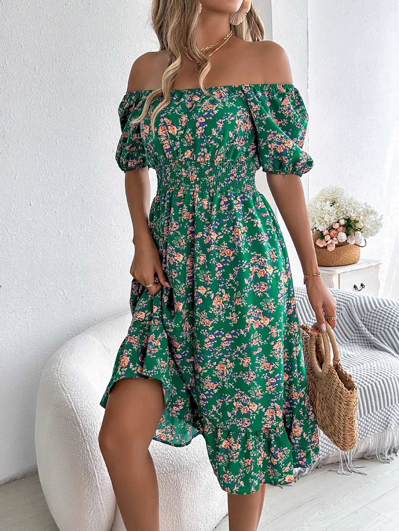 Floral Ruffle Summer Dress – Square Neck & Feminine Style.