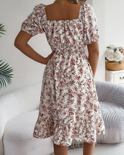 Floral Ruffle Summer Dress – Square Neck & Feminine Style.