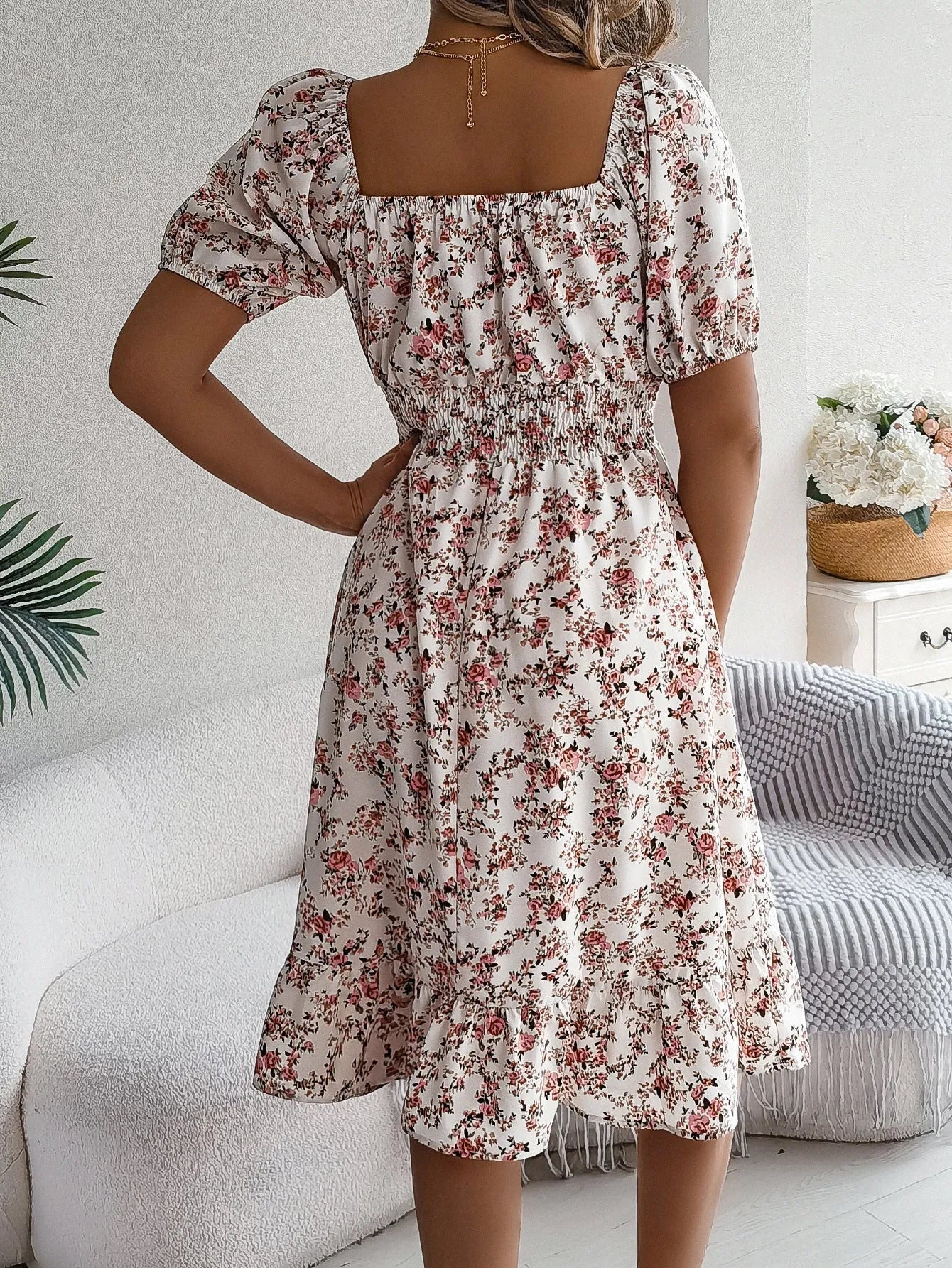 Floral Ruffle Summer Dress – Square Neck & Feminine Style.
