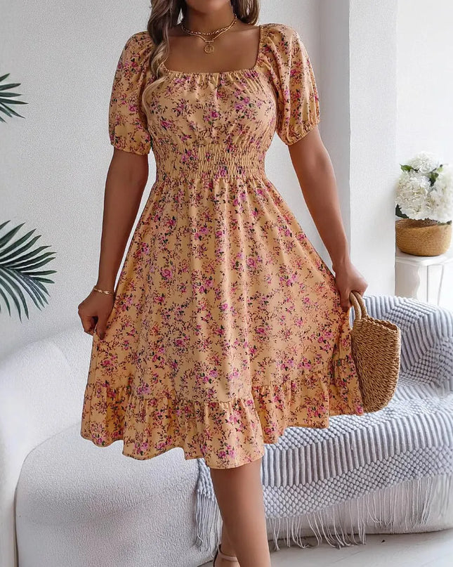 Floral Ruffle Summer Dress – Square Neck & Feminine Style.