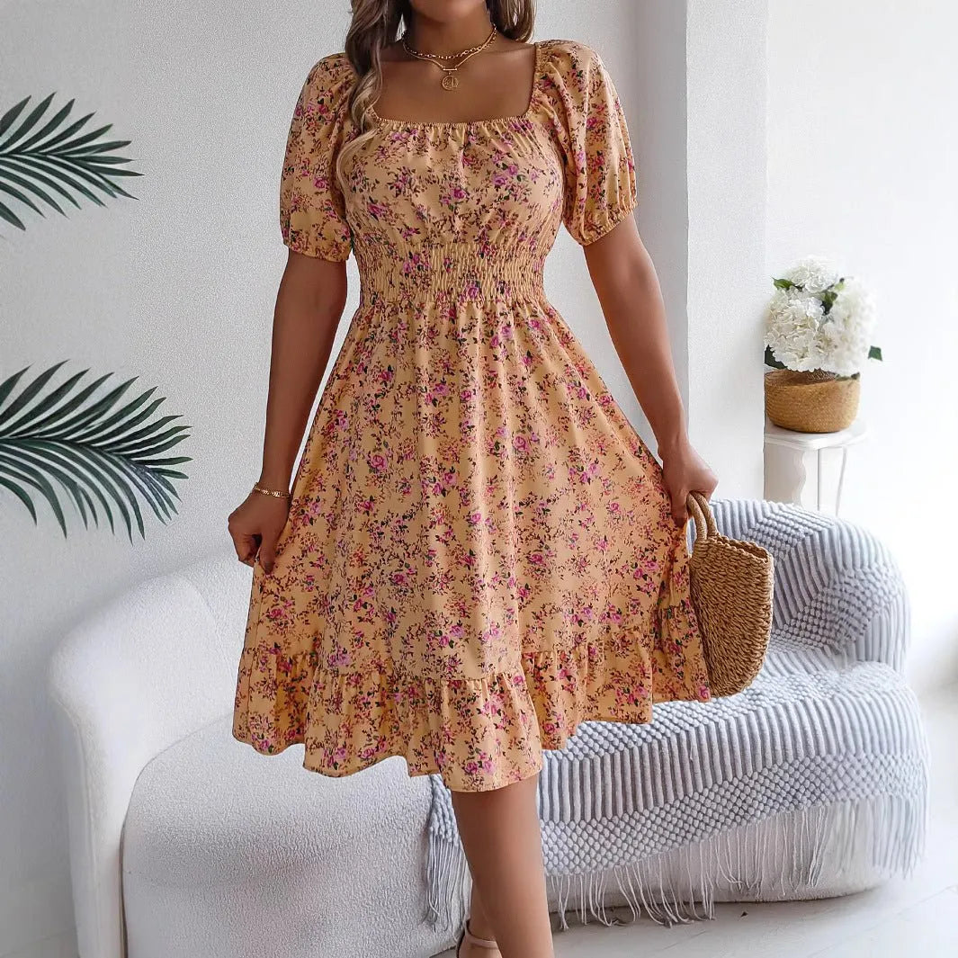 Floral Ruffle Summer Dress – Square Neck & Feminine Style.