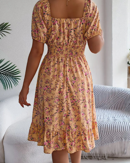 Floral Ruffle Summer Dress – Square Neck & Feminine Style.