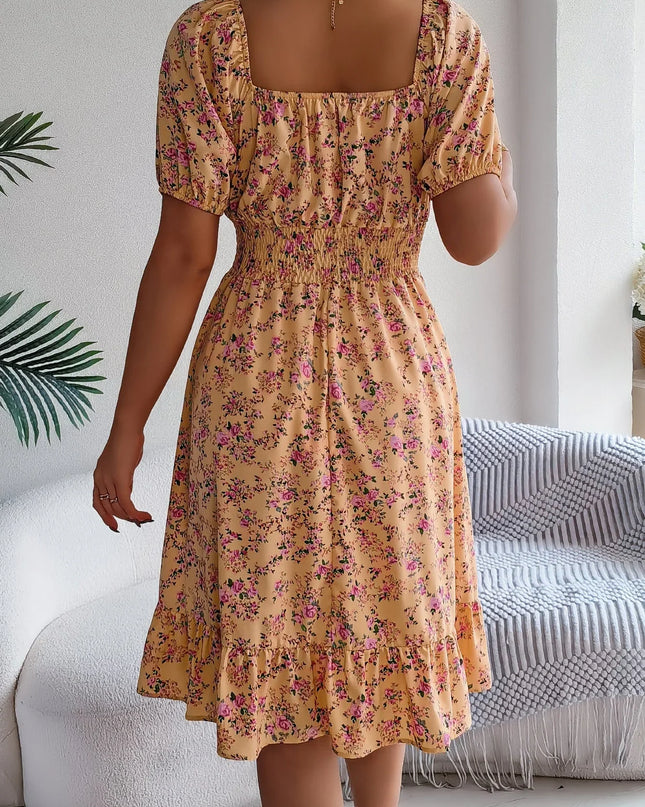 Floral Ruffle Summer Dress – Square Neck & Feminine Style.