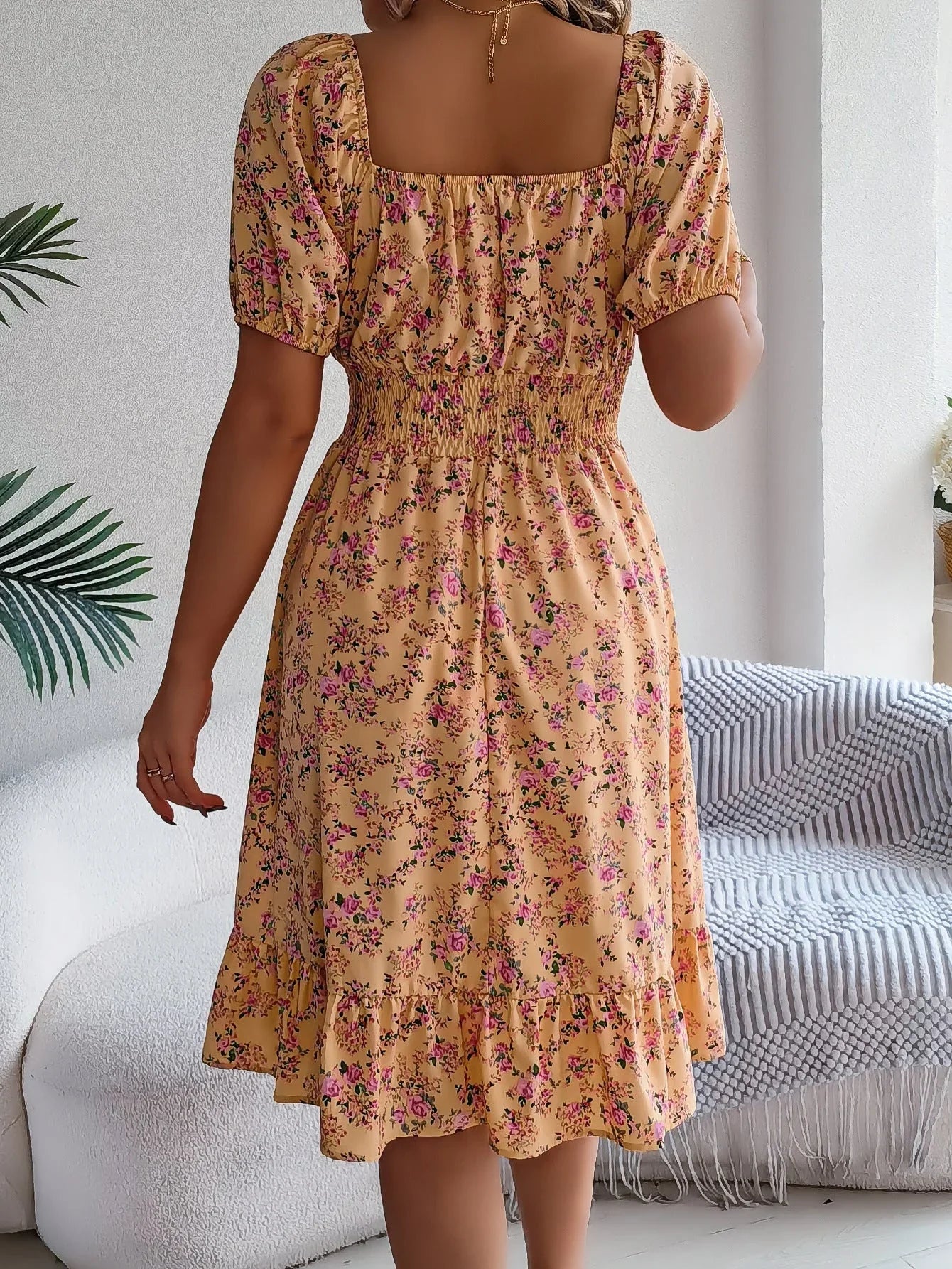 Floral Ruffle Summer Dress – Square Neck & Feminine Style.