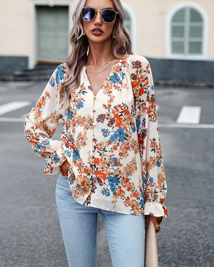 Floral V-Neck Chiffon Blouse.