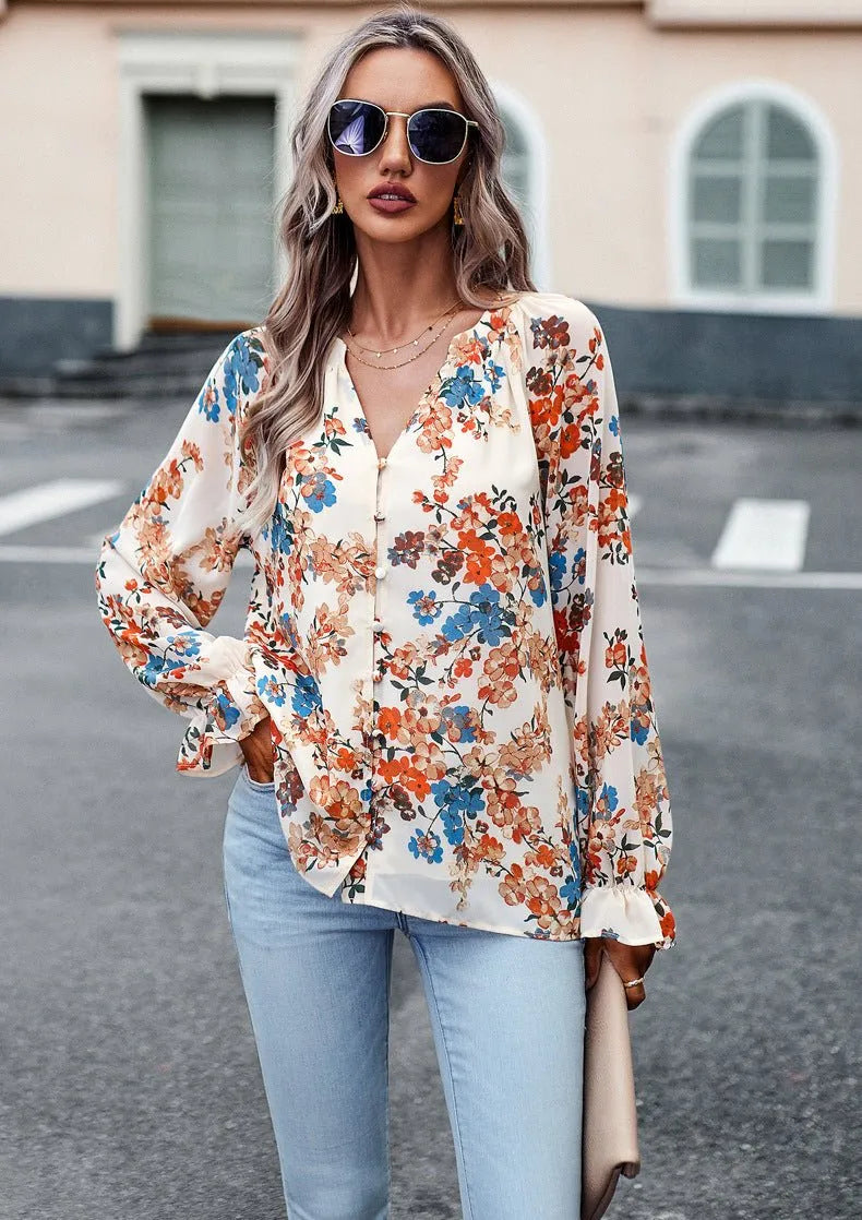 Floral V-Neck Chiffon Blouse.