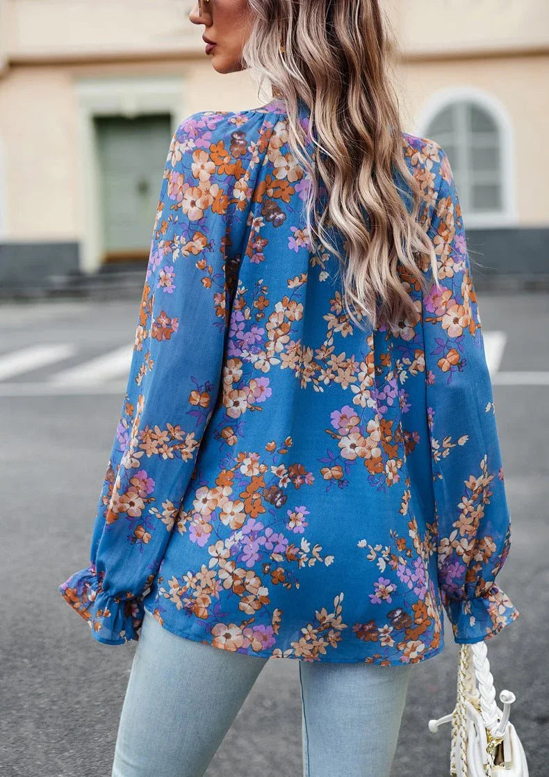 Floral V-Neck Chiffon Blouse.