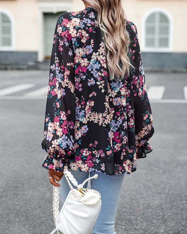 Floral V-Neck Chiffon Blouse.