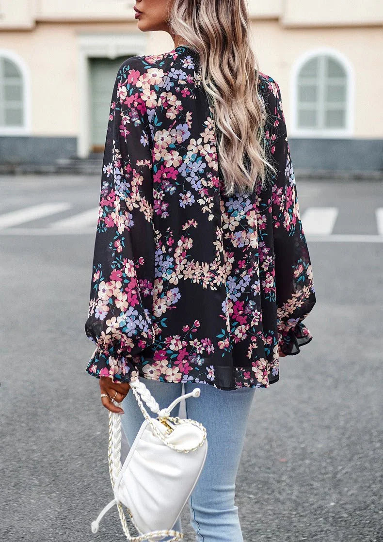 Floral V-Neck Chiffon Blouse.