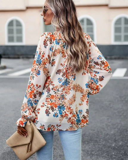 Floral V-Neck Chiffon Blouse.
