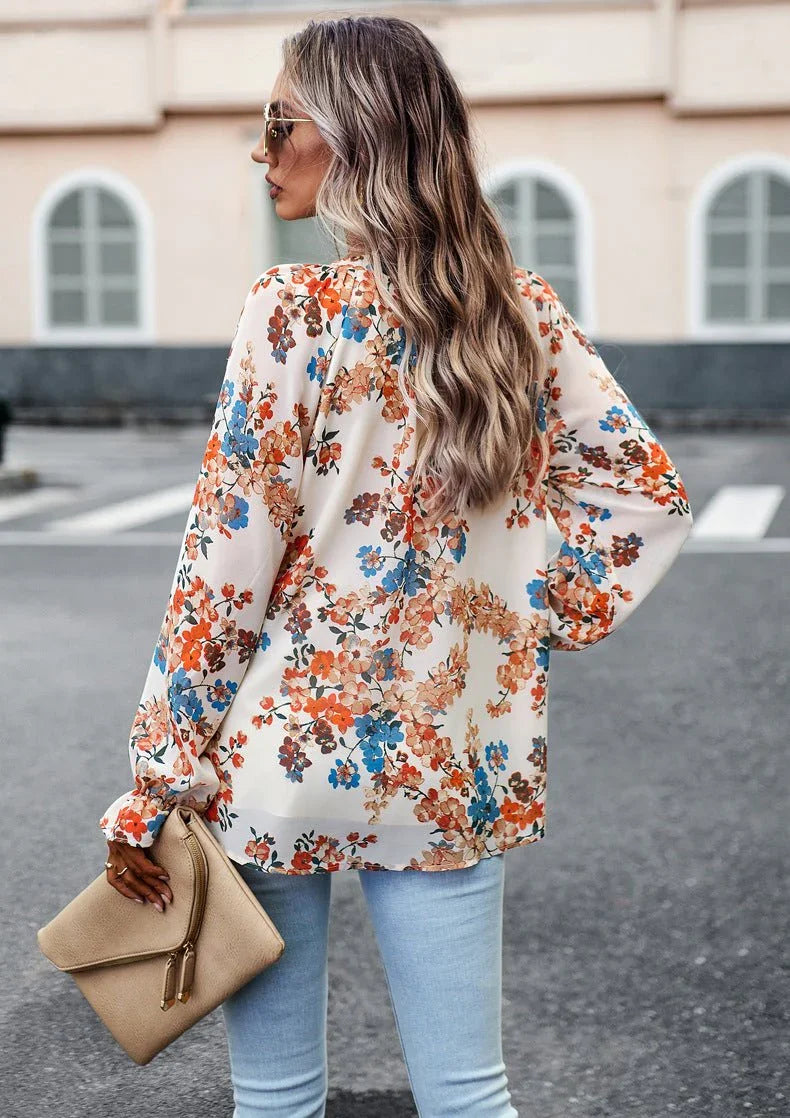 Floral V-Neck Chiffon Blouse.