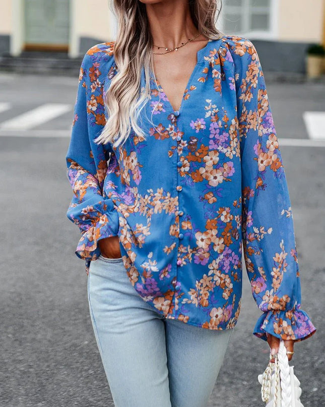Floral V-Neck Chiffon Blouse.