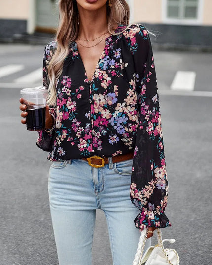 Floral V-Neck Chiffon Blouse.