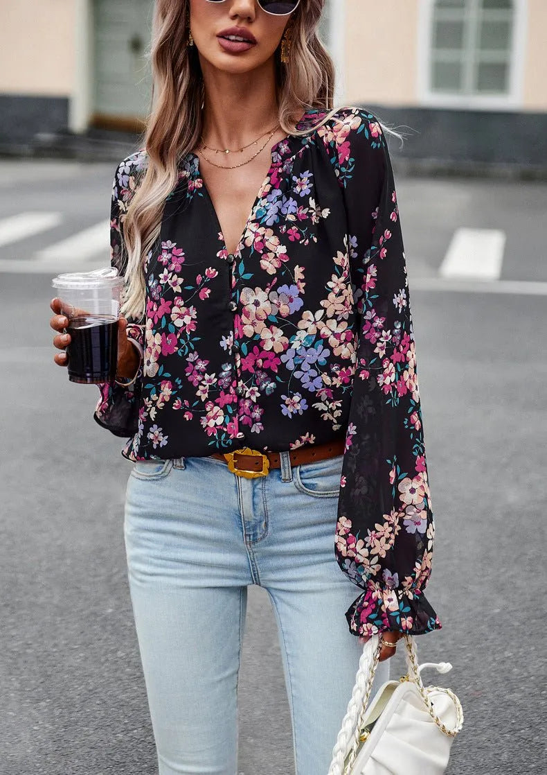 Floral V-Neck Chiffon Blouse.