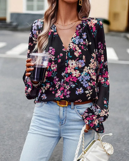 Floral V-Neck Chiffon Blouse.
