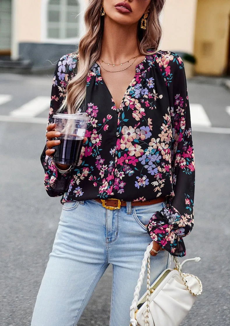 Floral V-Neck Chiffon Blouse.