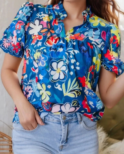 Flowy Floral Blouse with Ruffle Sleeves.