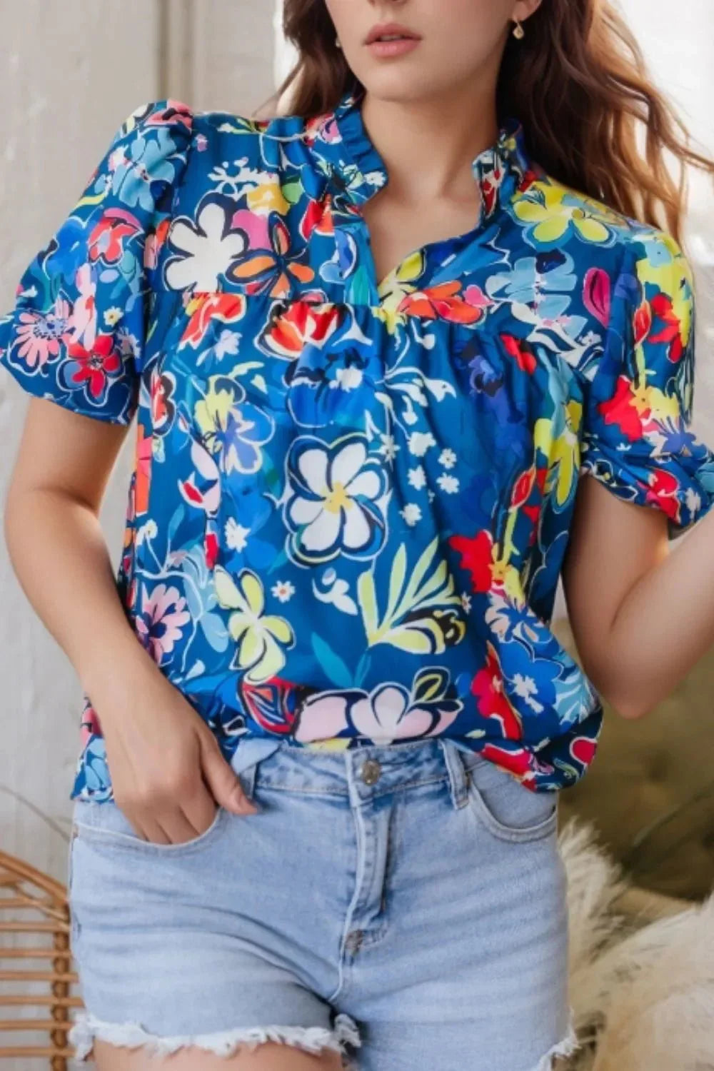 Flowy Floral Blouse with Ruffle Sleeves.