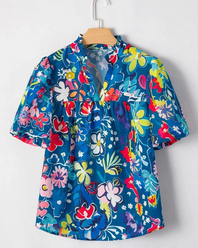 Flowy Floral Blouse with Ruffle Sleeves.