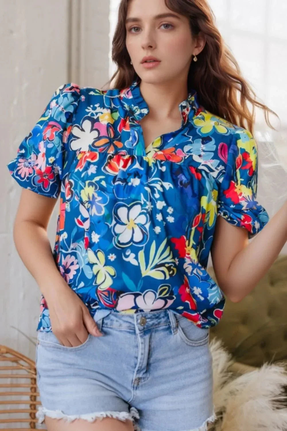 Flowy Floral Blouse with Ruffle Sleeves.