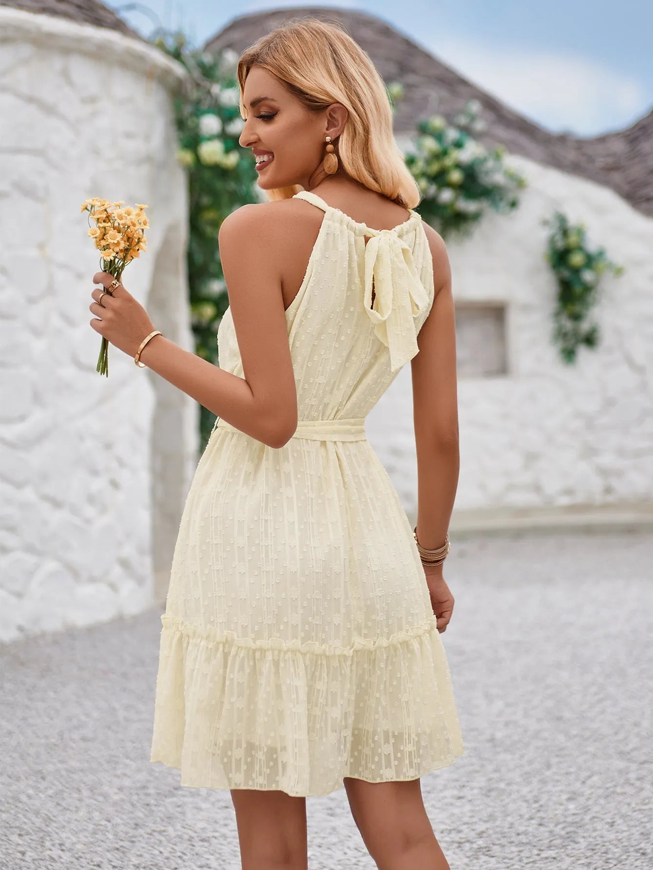 Halterneck Lace Tie Waist Dress.