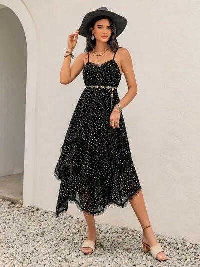 Lace Detail Layered Printed Midi Cami Dress.