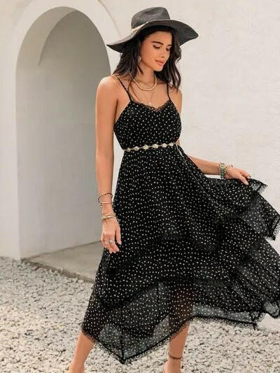 Lace Detail Layered Printed Midi Cami Dress.