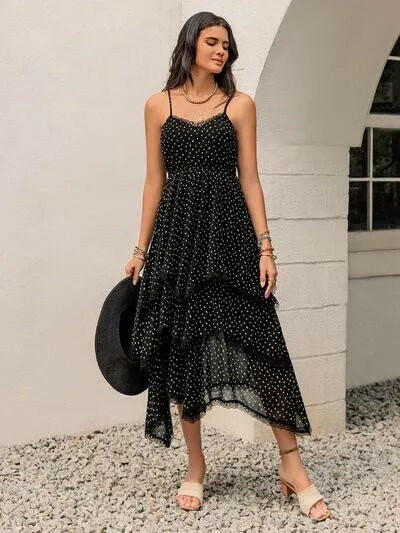 Lace Detail Layered Printed Midi Cami Dress.