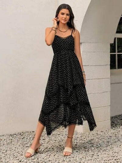 Lace Detail Layered Printed Midi Cami Dress.
