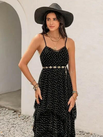 Lace Detail Layered Printed Midi Cami Dress.